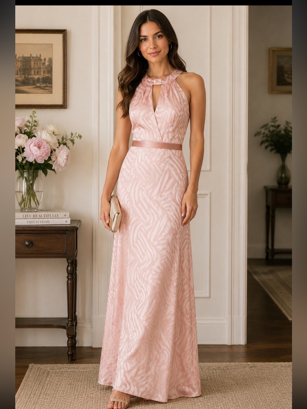 Shoshanna slik blend pink maxi halter dress size 0